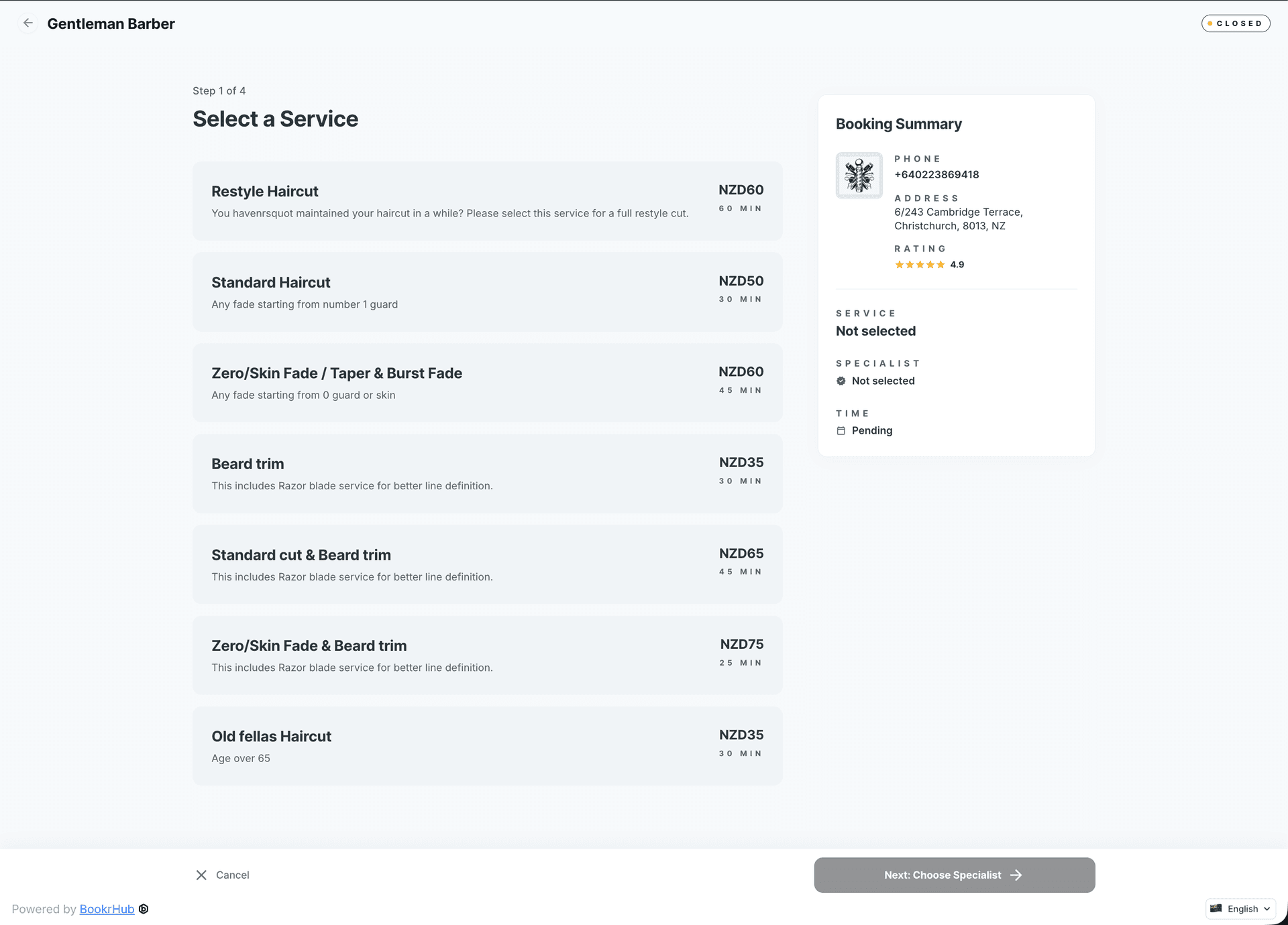 Step 1 - Service selection